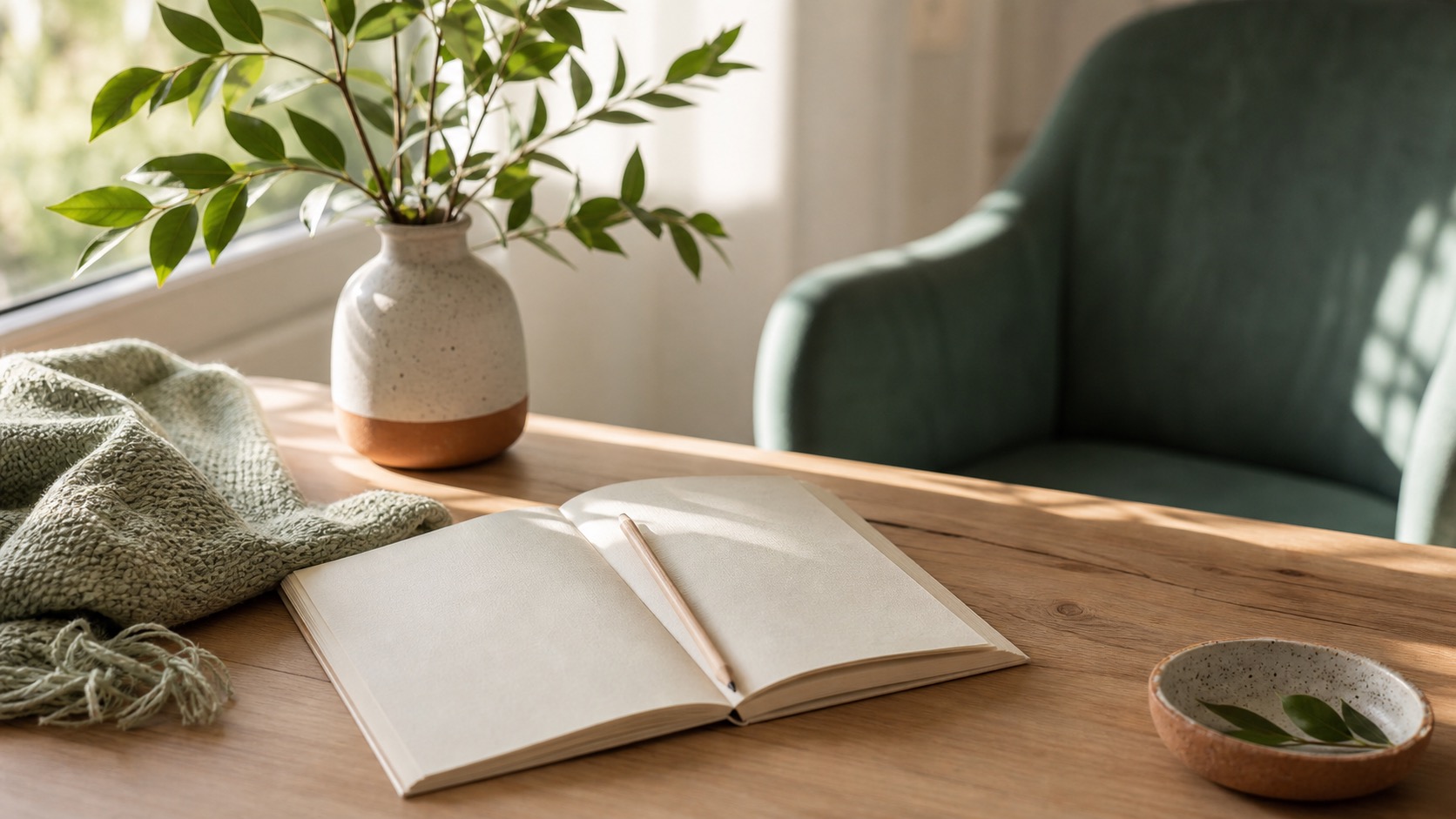 Caderno e espaço acolhedor para um processo de terapia EMDR online com segurança emocional